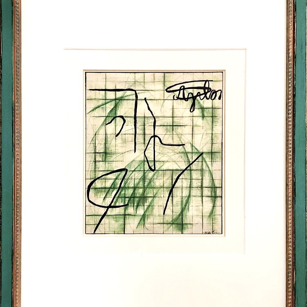 ORIGINAL FRAMED ART PRINT Abstract Green Crayon Pencil Drawing in Painted Frame